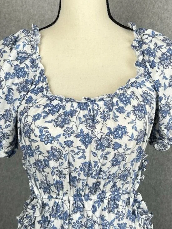 Anthropologie By The River Midi Dress Blue Floral Cutout Ruffle Tiered Cottage L - Picture 5 of 16